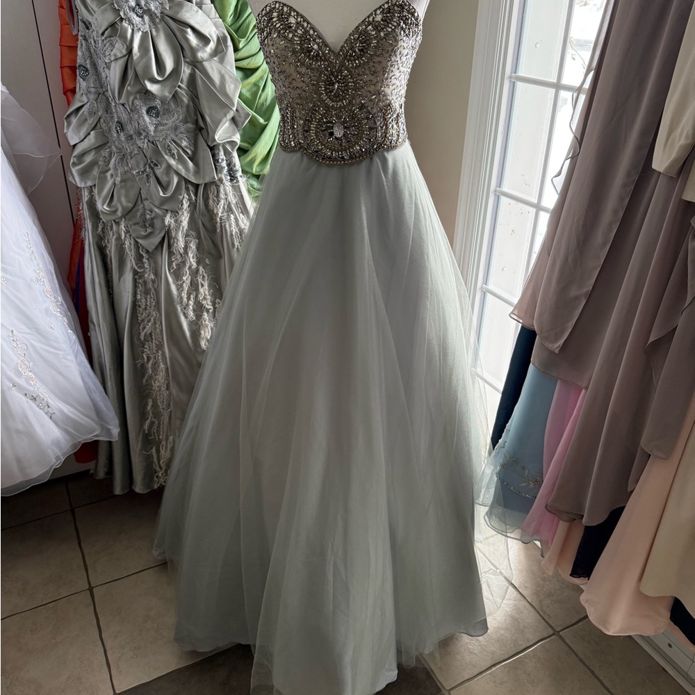 Strapless Beaded Gown in Silver and Cream